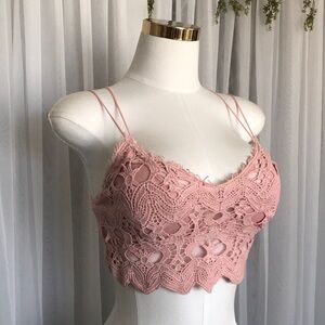 Distressed Boho Pink Lace Cropped Cami Top